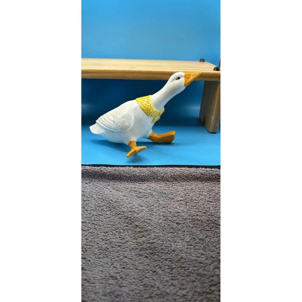 Vintage Glossy White Ceramic goose Figurine Yellow Accents Animal wall Decor